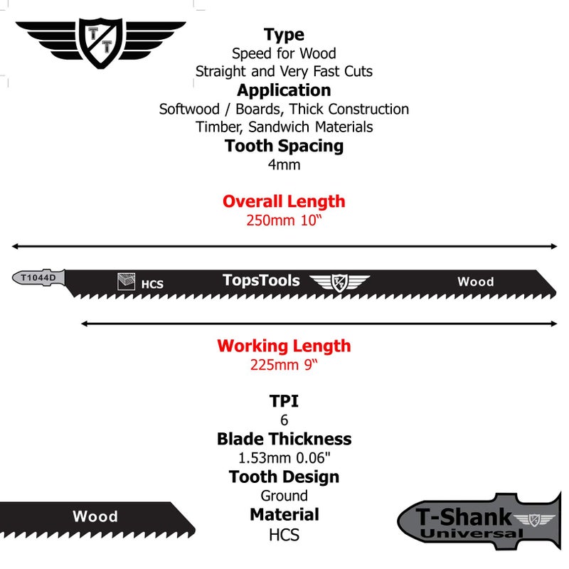 TopsTools 5 x TopsTools JSTT1044D T1044D 250mm Jigsaw Blades Designed for Long Clean Straight and Fast Cuts in Wood - Image 3